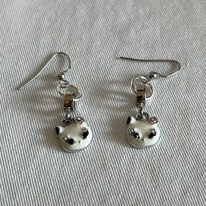 Silver Tone White Cat Head Earrings